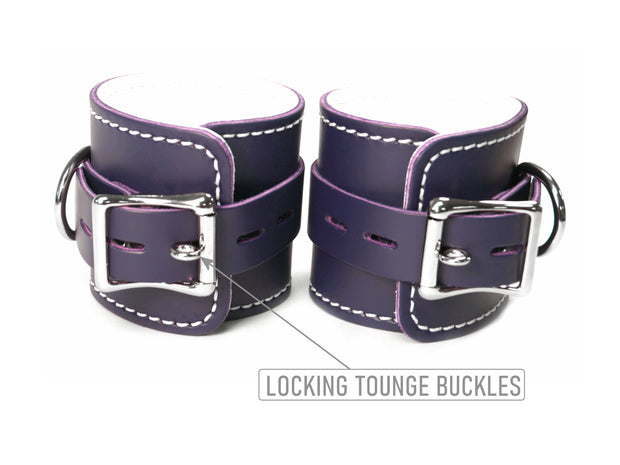 Purple Leather Cuff Restraints - BDSM Locking Bondage - Wrist Ankle Cuffs