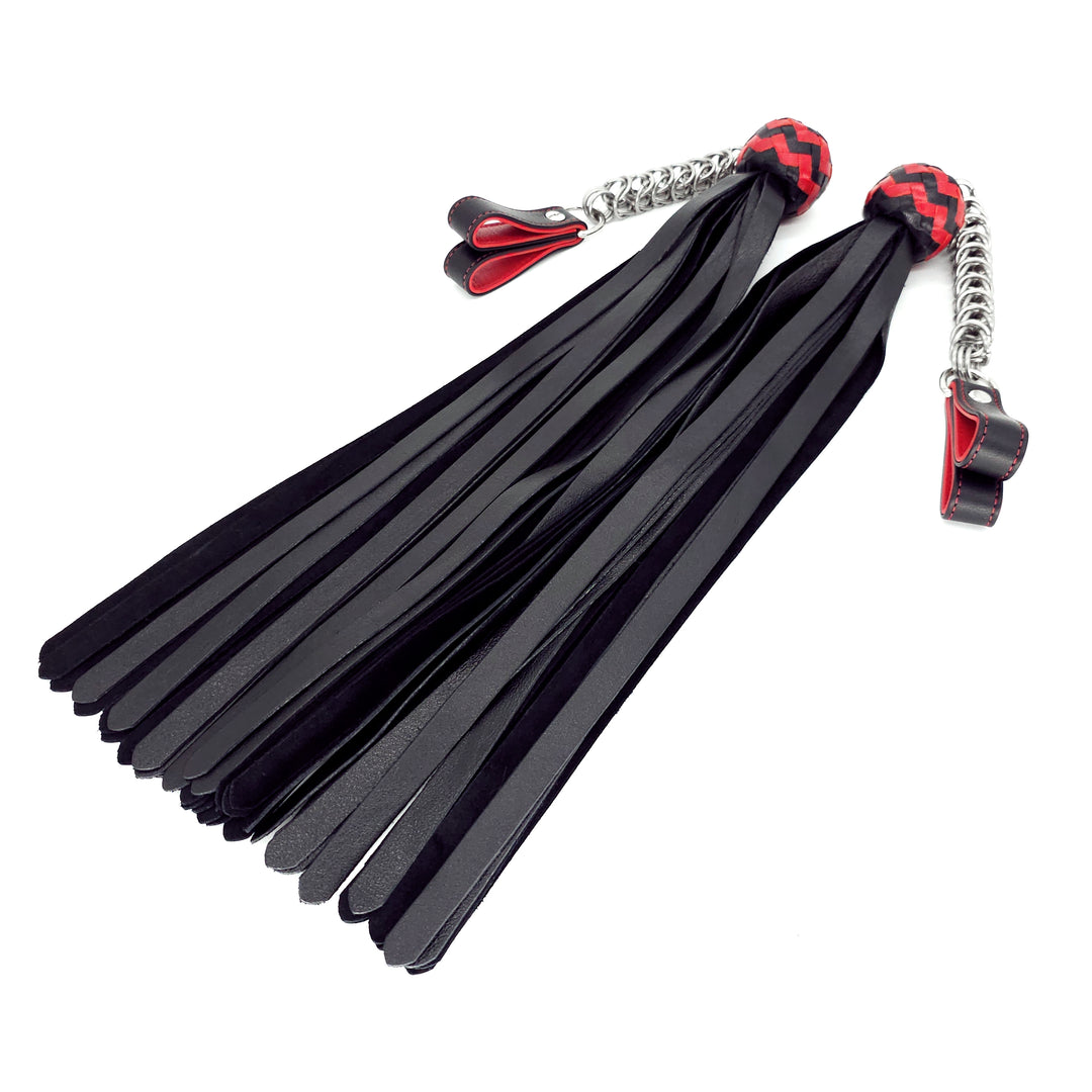 Poi Florentine Floggers<br>Black Leather Tails<br>Black & Red Knots