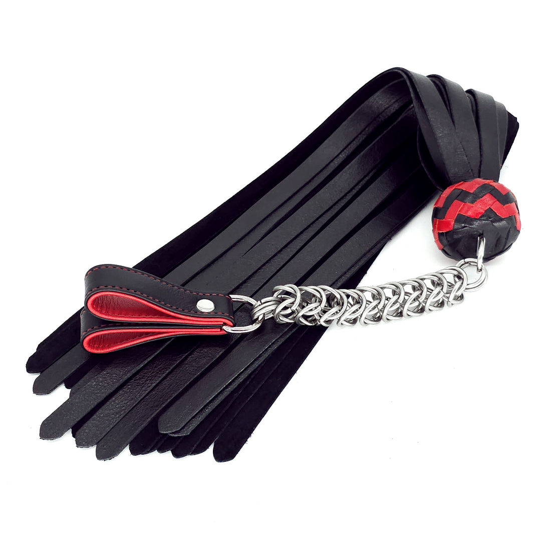 Poi Florentine Floggers<br>Black Leather Tails<br>Black & Red Knots