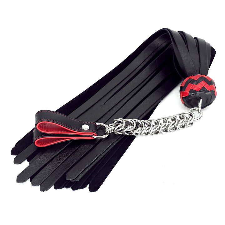 Poi Florentine Floggers<br>Black Leather Tails<br>Black & Red Knots