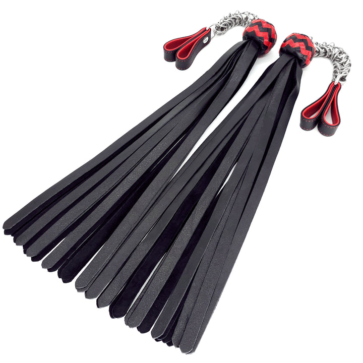 Poi Florentine Floggers<br>Black Leather Tails<br>Black & Red Knots