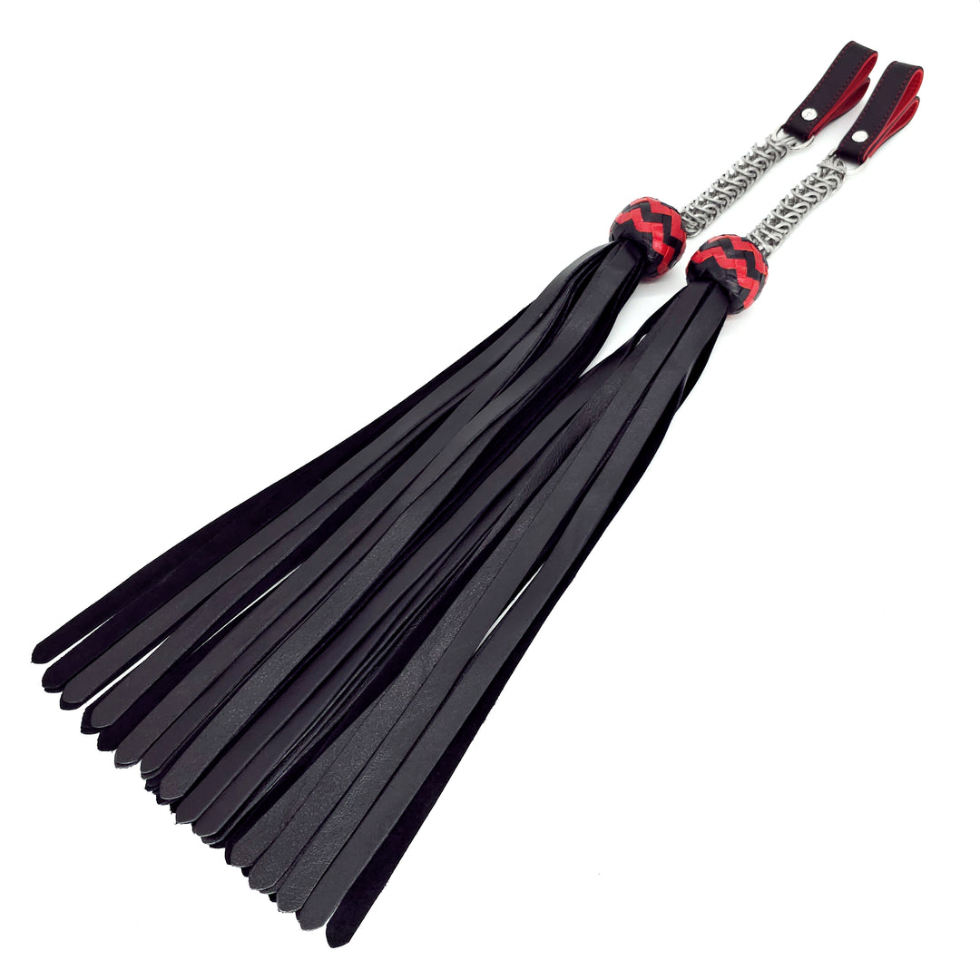 Poi Florentine Floggers<br>Black Leather Tails<br>Black & Red Knots