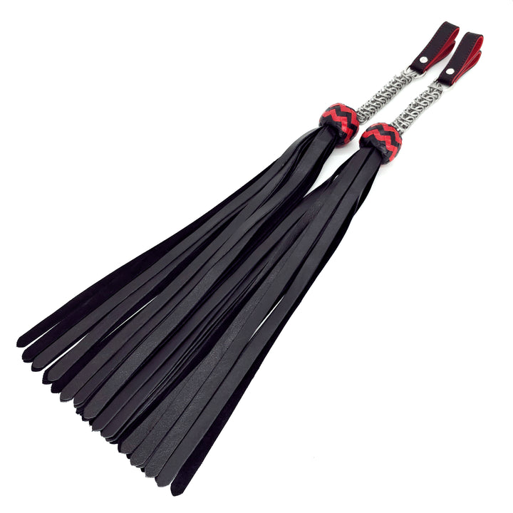 Poi Florentine Floggers<br>Black Leather Tails<br>Black & Red Knots