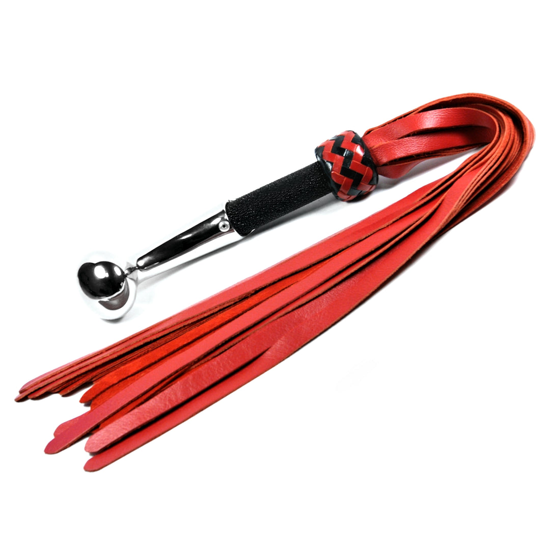 Pistolgrip Leather Flogger<br>Chrome & Stingray Handle<br>Black & Red Knot