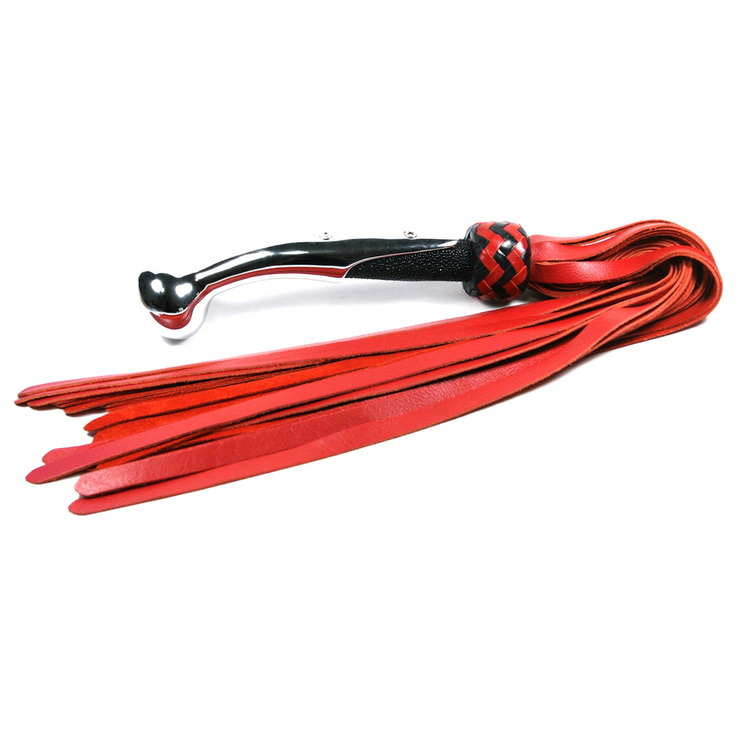 Pistolgrip Leather Flogger<br>Chrome & Stingray Handle<br>Black & Red Knot