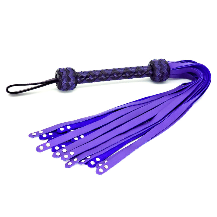 Rivet Tipped Flogger<br>Purple Leather Tails<br>Black & Purple Birdseye