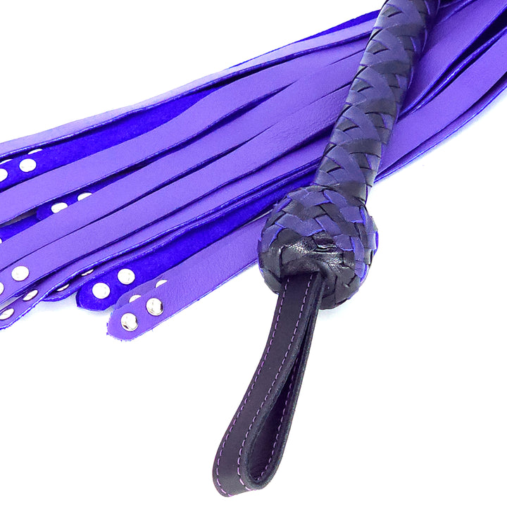Rivet Tipped Flogger<br>Purple Leather Tails<br>Black & Purple Birdseye