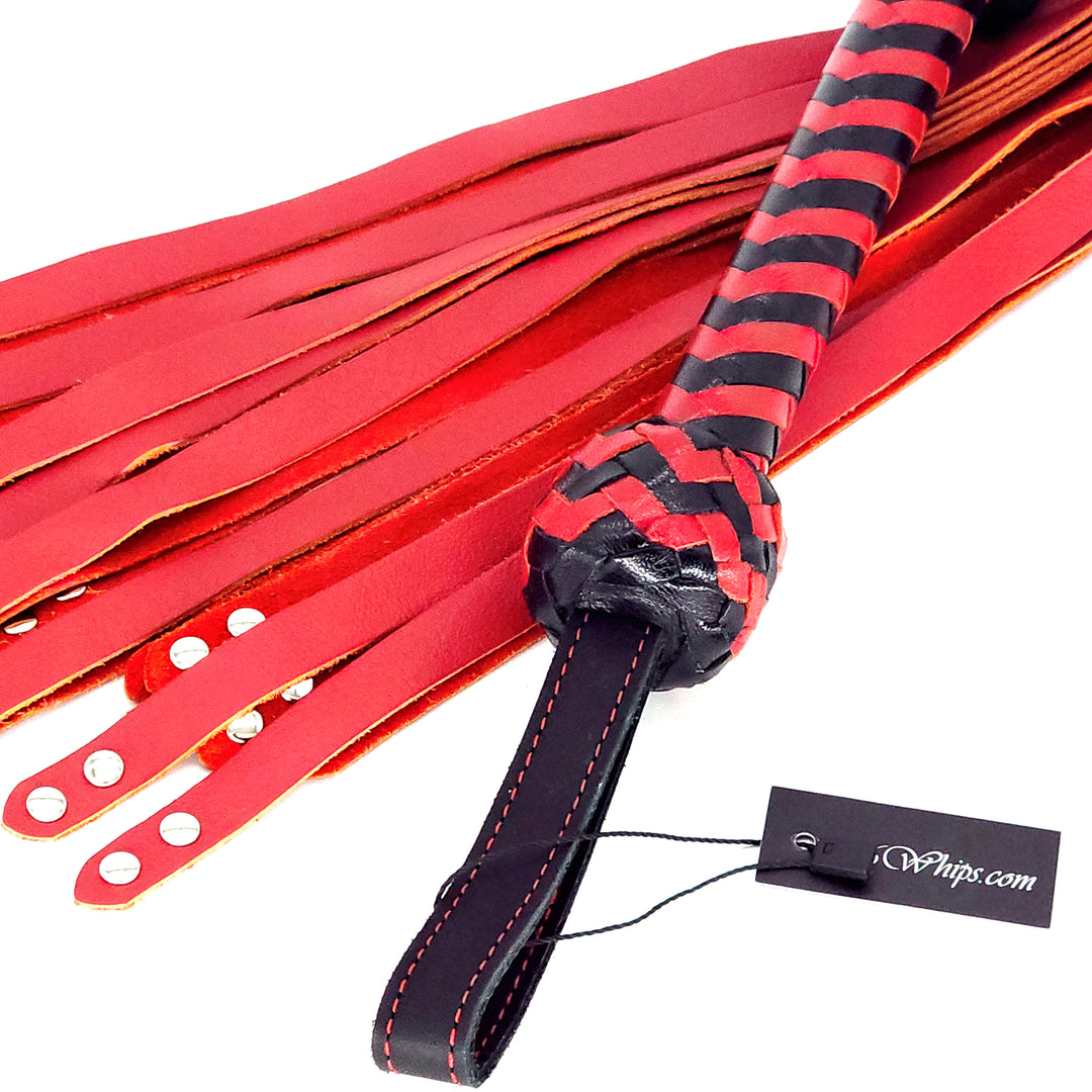 Rivet Tipped Flogger<br>Red Leather Tails<br>Black & Red Chevron