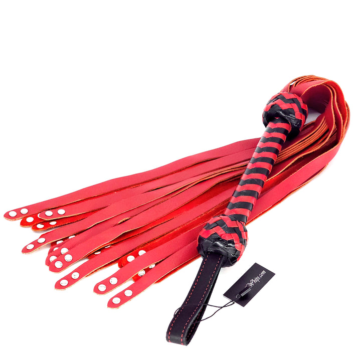 Rivet Tipped Flogger<br>Red Leather Tails<br>Black & Red Chevron
