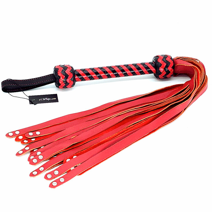 Rivet Tipped Flogger<br>Red Leather Tails<br>Black & Red Chevron