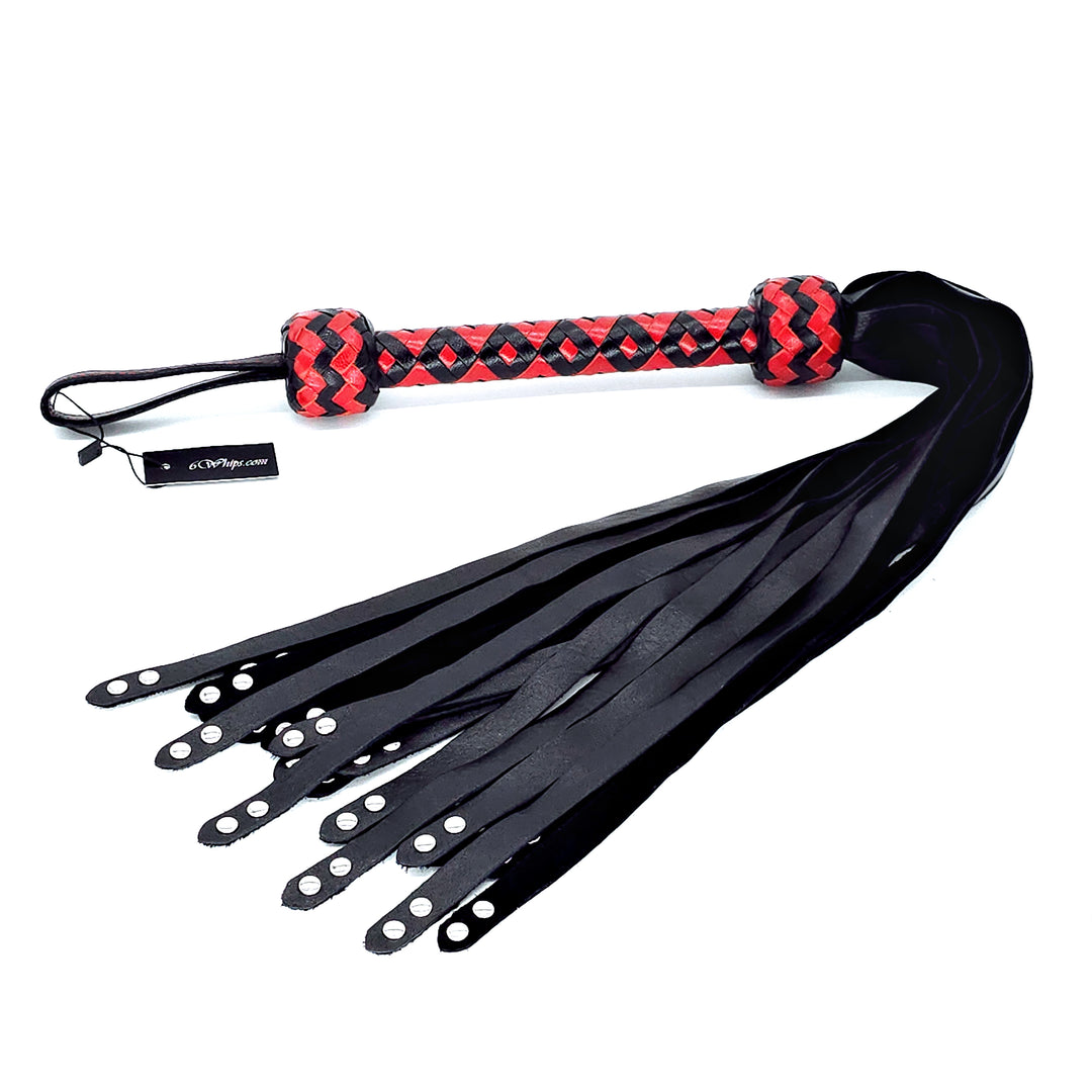 Rivet Tipped Flogger<br>Black Tails<br>Black & Red Birdseye