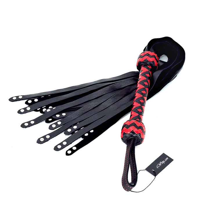Rivet Tipped Flogger<br>Black Tails<br>Black & Red Birdseye