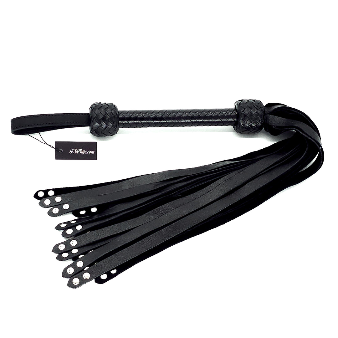 Rivet Tipped Flogger<br>Black Tails<br>Black Solid