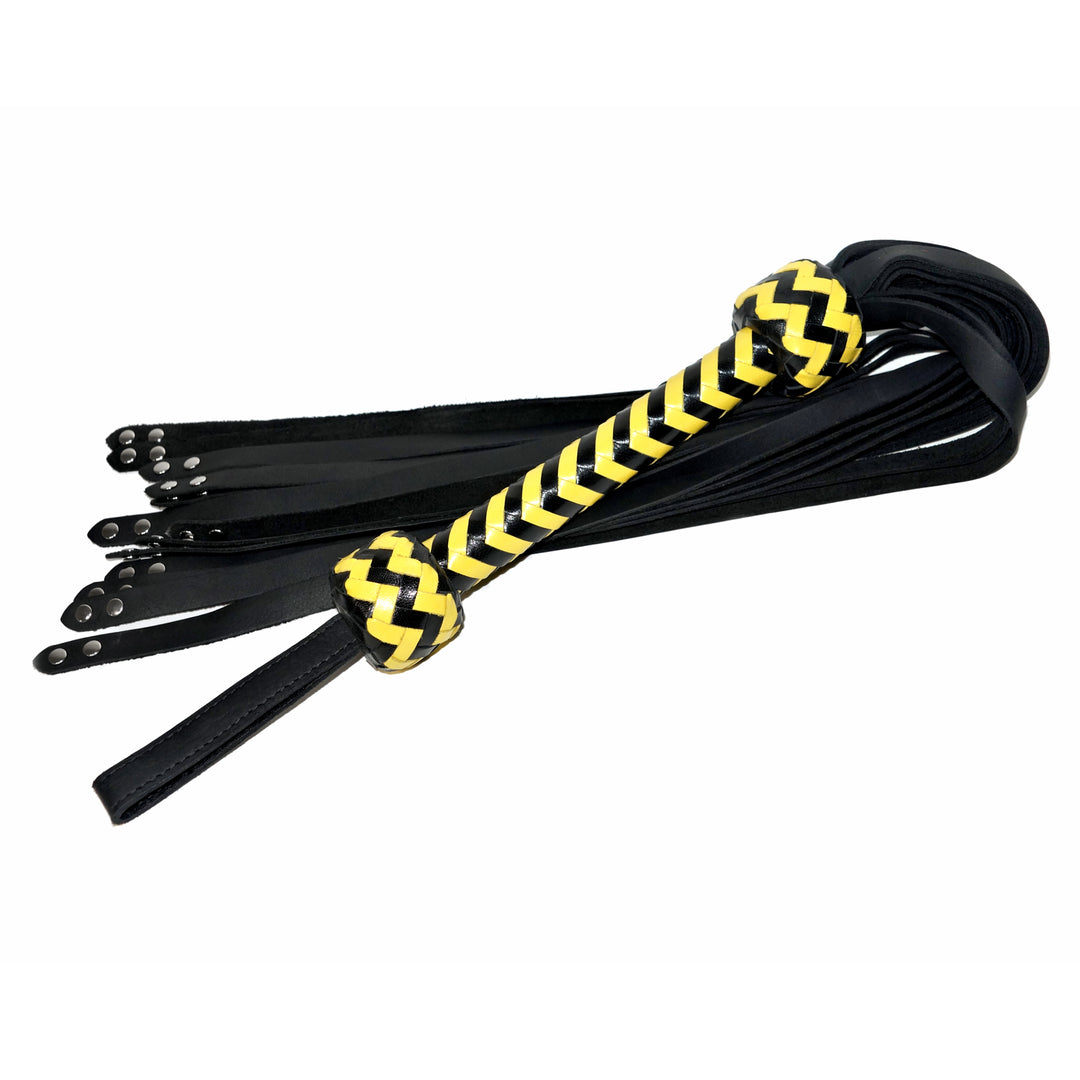 Rivet Tipped Flogger<br>Black Leather Tails<br>Black & Yellow Chevron