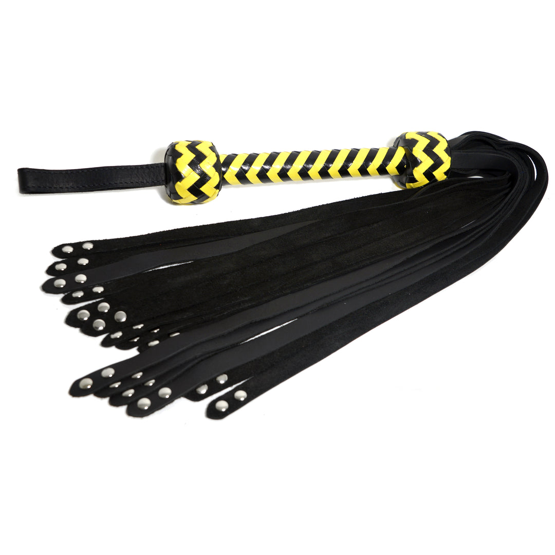 Rivet Tipped Flogger<br>Black Leather Tails<br>Black & Yellow Chevron