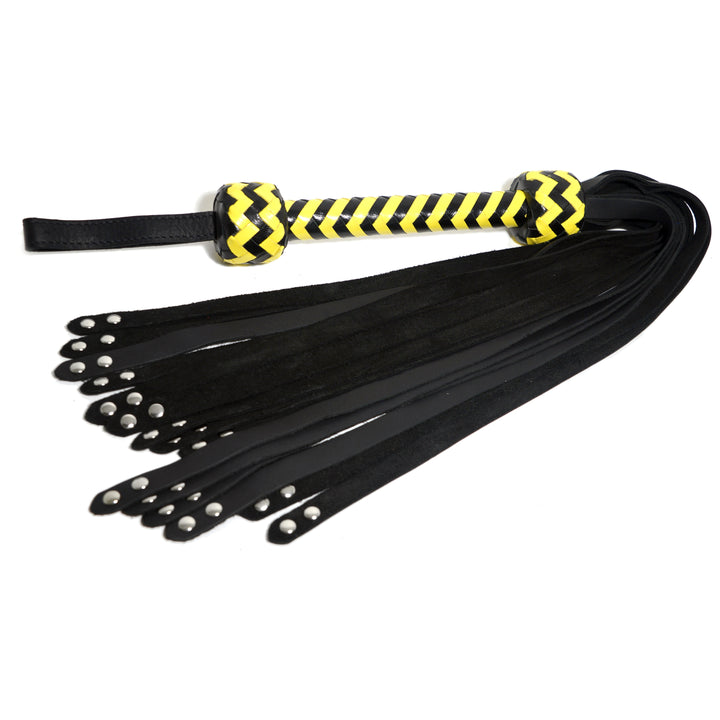 Rivet Tipped Flogger<br>Black Leather Tails<br>Black & Yellow Chevron
