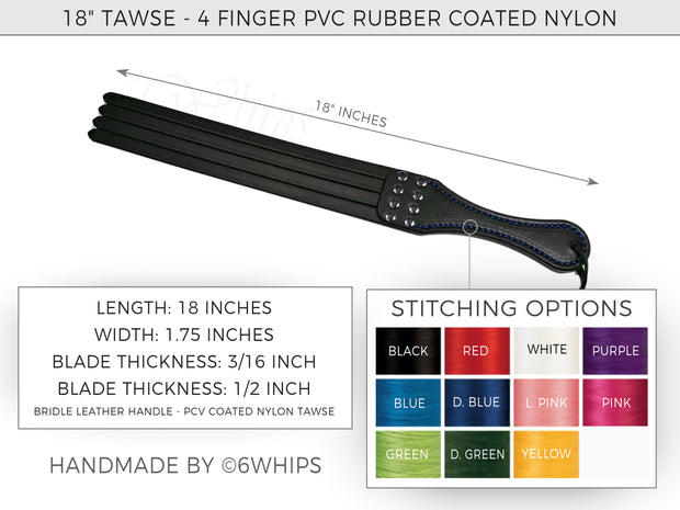 Color stitching options for handmade leather paddle and rubber tawse