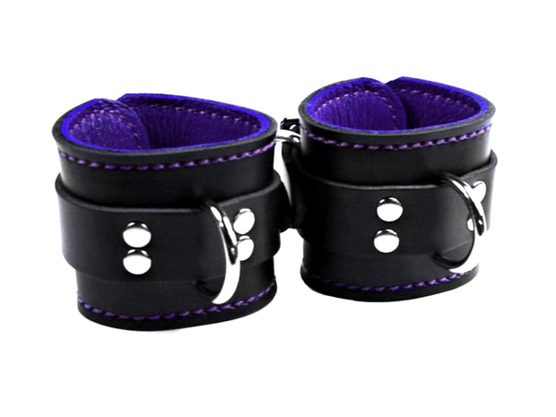 Black Leather BDSM Locking Cuff Restraints - Black with Purple Lining and Stitching - Custom Colors